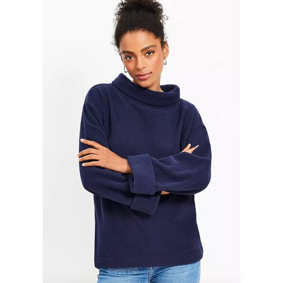 LOFT Sweater Womens Large Blue Cozy Funnel Neck Top‎ Fleece Cuffed Sleeves - Picture 1 of 9